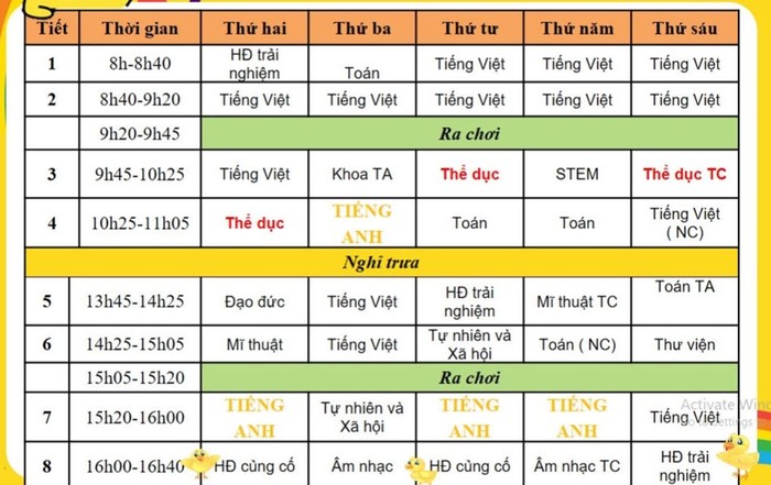 Thời khóa biểu của một lớp trường tiểu học tại quận Hoàn Kiếm (Hà Nội) có môn học ngoại khóa là STEM xen giữa các môn học chính khóa.