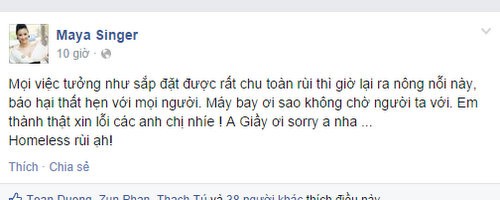 Maya rối rít xin lỗi trên trang cá nhân vì lý do vắng mặt. (Ảnh: Facebook nhân vật)