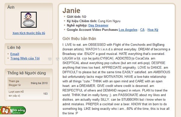 Những dòng giới thiệu về bản thân trên blog của chị Janie.