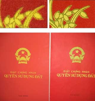Nhận biết thật - giả qua chi tiết hình quốc huy in trên sổ đỏ: Bản in phun màu (trái), bản in ofset (phải).