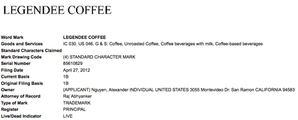 Thông tin về chủ sở hữu thương hiệu Legendee Coffee tại USPTO