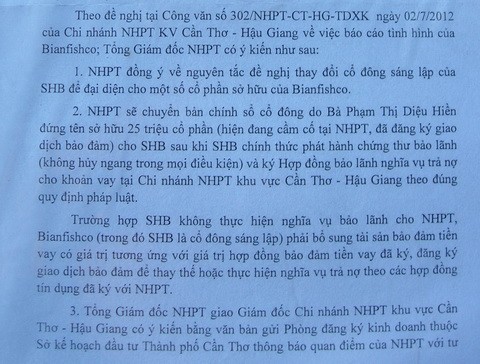 Công văn của VDB đồng ý giao sổ cổ đông do bà Hiền đứng tên cho SHB khi phát hành thư bảo lãnh nợ nần của Bianfishco. Ảnh: Thiên Phước