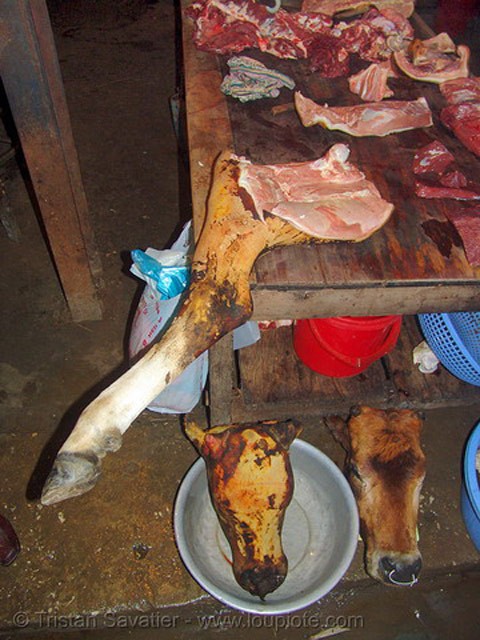 Hình ảnh chân bò và đầu bò có thể sẽ khiến nhiều người phải suy nghĩ khi ăn món thịt bò.