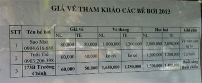 Bảng giá vé bơi tại bể Không quân trên đường Trường Chinh.