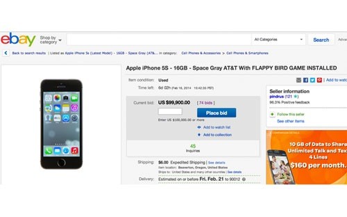 Một chiếc iPhone cài Flappy Bird đấu giá trên eBay.