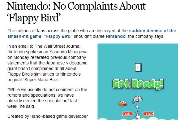 Nintendo cho biết hãng không phàn nàn gì về Flappy Bird (Nguồn: WSJ)