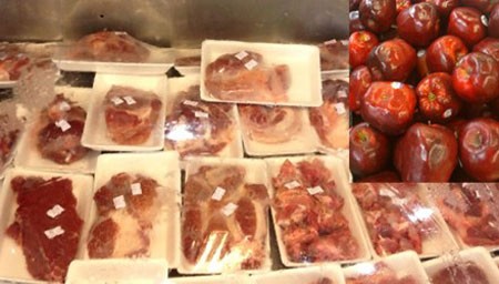 Thịt không nhãn mác bày bán trong siêu thị. Táo dập bày bán tại siêu thị Lotte.