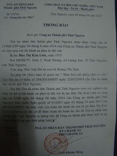 Thông báo của TAND TP Thái Nguyên bác văn bản của Công an TP Thái Nguyên đề nghị hoãn thi hành án phạt tù đối với bị án Liên.