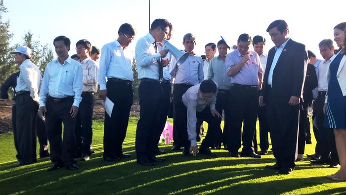 Ông Hồ Quốc Dũng – Chủ tịch UBND tỉnh Bình Định kiểm tra chất lượng cỏ sân golf.