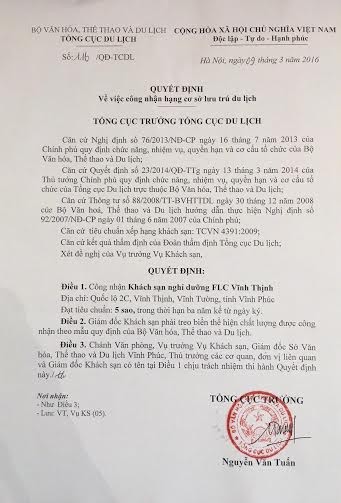 Quyết định của Tổng cục du lịch công nhận Khách sạn FLC Vĩnh Thịnh đạt tiêu chuẩn 5 sao.