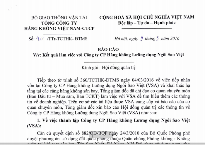 Báo cáo số 411/TTr-TCTHK-ĐTMS ngày 9/3/2016 của Tổng công ty Hàng không Việt Nam (Vietnam Airlines) tiết lộ tham vọng của Vietnam Airlines khi &quot;góp vốn&quot; vào Vietstar Airlines.