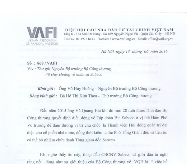 Văn bản của Hiệp hội các nhà đầu tư Tài chính (VAFI) gửi nguyên Bộ trưởng Công Thương Vũ Huy Hoàng và Thứ trưởng Hồ Thị Kim Thoa.