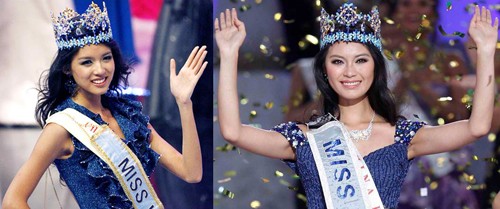 Hai Hoa hậu "sân nhà" của Trung Quốc Trương Tử Lâm (trái) và Vu Văn Hà (phải)