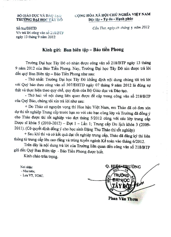 Công văn của Đại học Tây Đô gửi báo Tiền Phong