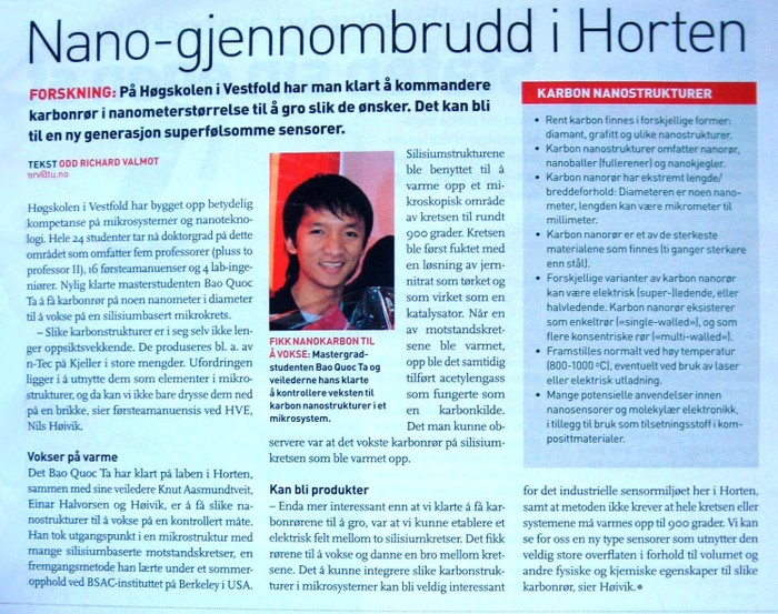 Sản phẩm nghiên cứu về công nghệ Nano của anh Bảo được đăng tải trên tạp chí về Khoa học công nghệ uy tín ở Bắc Âu (Ảnh chụp lại)