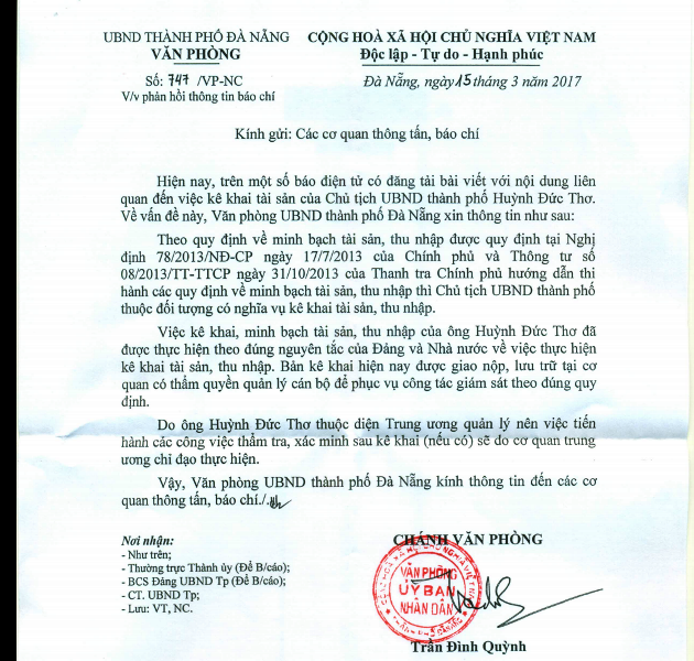 Công văn phản hồi thông tin báo chí của Văn phòng Ủy ban nhân dân thành phố Đà Nẵng. Ảnh: TT