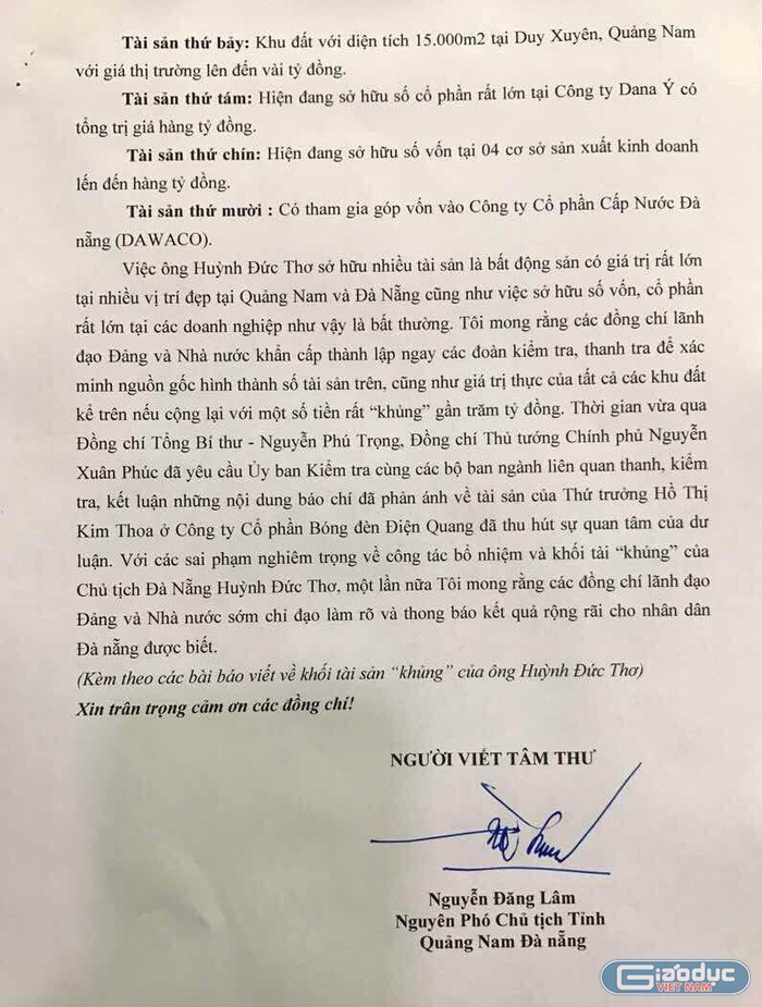 Trang cuối cùng trong bức tâm thư của ông Nguyễn Đăng Lâm. Ảnh nhân vật cung cấp cho Báo điện tử Giáo dục Việt Nam.