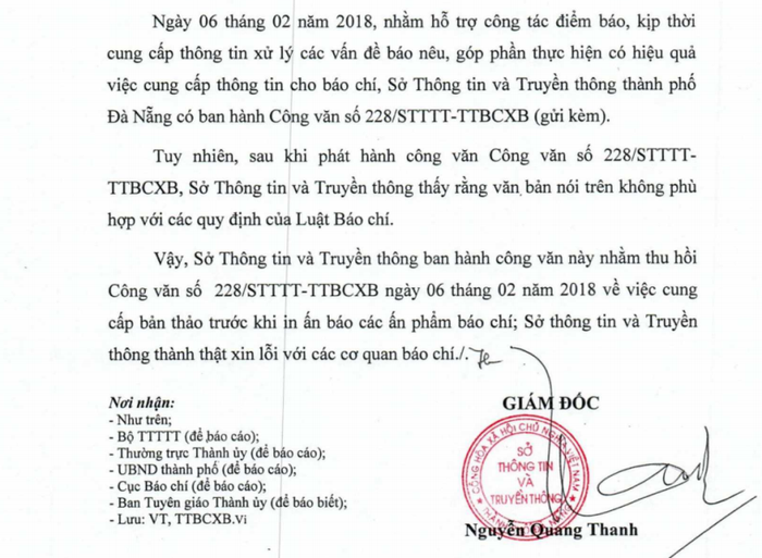 Công văn thu hồi công văn số 228 của sở Thông tin và Truyền thông Đà Nẵng. Ảnh: TT