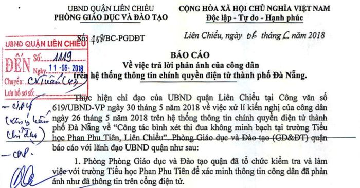 Báo cáo của Phòng giáo dục quận Liên Chiểu sau khi kiểm tra, xác minh các tố cáo xảy ra tại trường tiểu học Phan Phu Tiên. Ảnh: AN