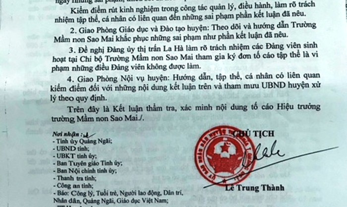 Kết luận của Ủy ban nhân dân huyện Tư Nghĩa được gửi đến cơ quan chức năng Quảng Ngãi và Báo Điện tử Giáo dục Việt Nam. Ảnh: AP