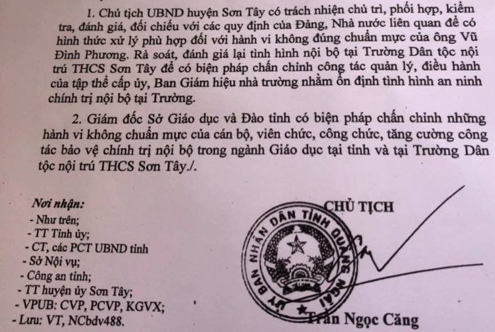 Văn bản yêu cầu xử lý ông Phương của Chủ tịch tỉnh Quảng Ngãi. Ảnh: AP