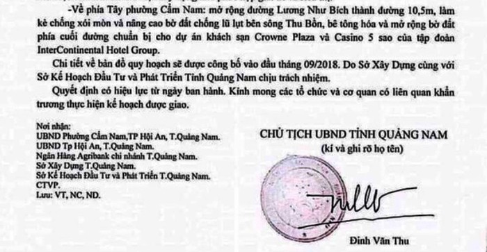 Văn bản giả mạo chữ ký và con dấu của Chủ tịch Ủy ban nhân dân tỉnh Quảng Nam nhằm thổi giá đất.