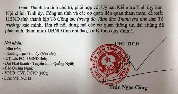 Công văn yêu cầu xác minh sự việc của Chủ tịch Ủy ban nhân dân tỉnh Quảng Ngãi.