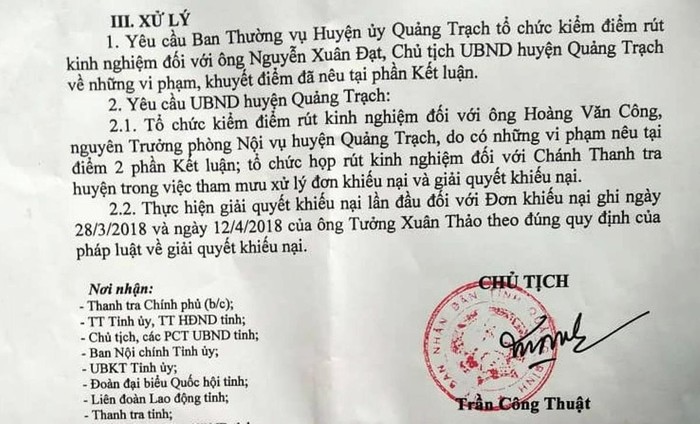 Chủ tịch tỉnh Quảng Bình yêu cầu xử lý trách nhiệm Chủ tịch huyện vì không giải quyết khiếu nại, tố cáo của một giáo viên.
