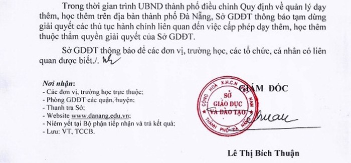 Văn bản của ngành giáo dục Đà Nẵng về việc tạm dừng cấp phép dạy thêm, học thêm.