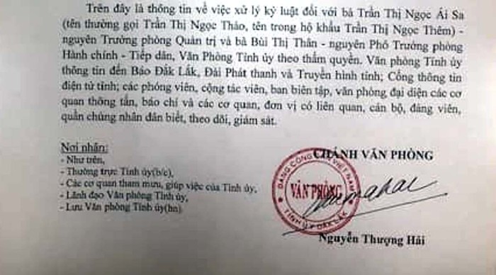 Công văn ngày 23/10 của Văn phòng Tỉnh ủy Đắk Lắk về việc xử lý cán bộ sử dụng bằng cấp giả. Ảnh: MT