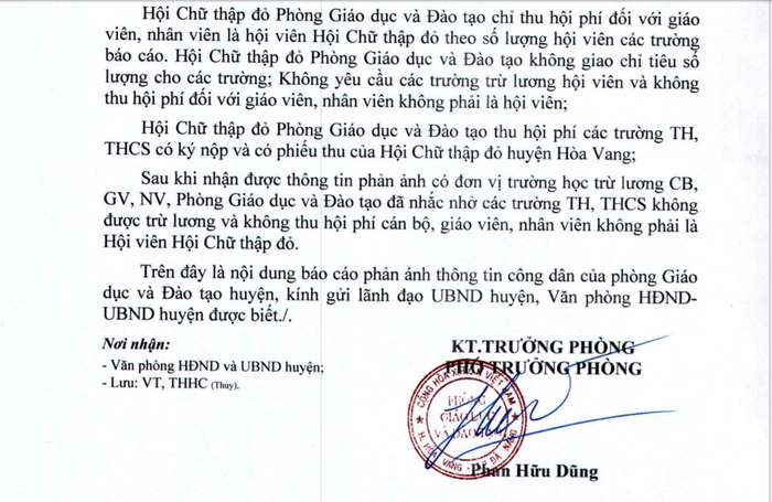 Phòng Giáo dục và Đào tạo huyện Hòa Vang nhắc nhở các trường tiểu học, trung học không được trừ lương và không thu hội phí cán bộ, giáo viên, nhân viên không phải là Hội viên hội chữ thập đỏ. Ảnh: AN