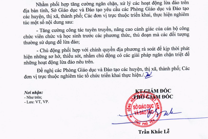 Công văn cảnh báo tội phạm gửi đến các thầy cô của Sở Giáo dục Phú Yên. Ảnh: NP