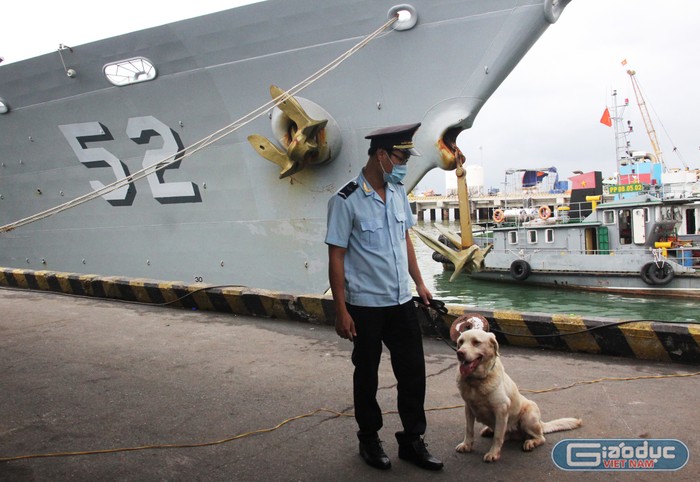 Lực lượng chức năng cùng chó nghiệp vụ được bố trí để đảm bảo an ninh xung quanh tàu chiến này tại cảng Tiên Sa. Ảnh: AN