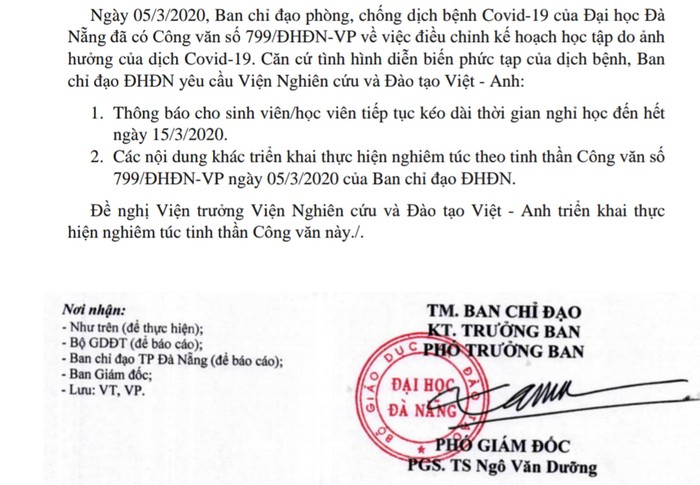 Công văn của Ban chỉ đạo phòng, chống dịch bệnh Covid-19 của Đại học Đà Nẵng yêu cầu Viện Nghiên cứu và Đào tạo Việt Anh tiếp tục cho sinh viên nghỉ học. Ảnh: AN