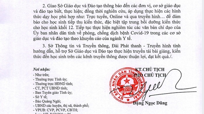 Công văn thông báo cho học sinh nghỉ học của Ủy ban nhân dân tỉnh Quảng Ngãi. Ảnh: AN