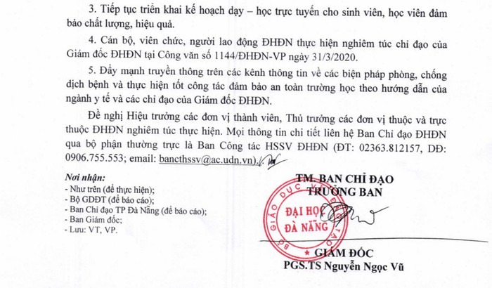 Đại học Đà Nẵng thông báo cho sinh viên tiếp tục nghỉ học đến hết ngày 26/4 vì dịch bệnh Covid-19. Ảnh: AN