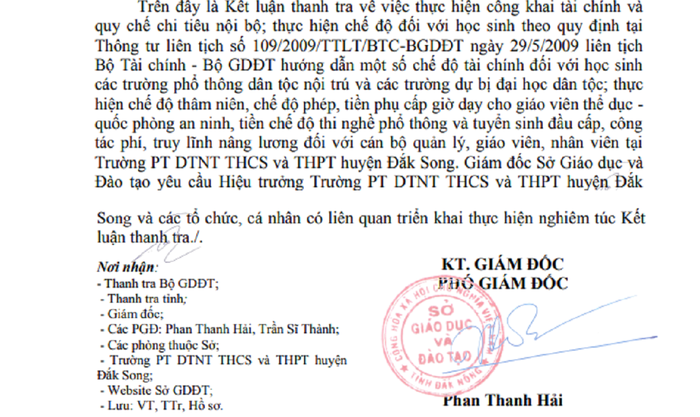 Kết luận Thanh tra chỉ rõ các sai phạm xảy ra tại Trường Phổ thông Dân tộc Nội trú trung học cơ sở và trung học phổ thông huyện Đắk Song. Ảnh: MT