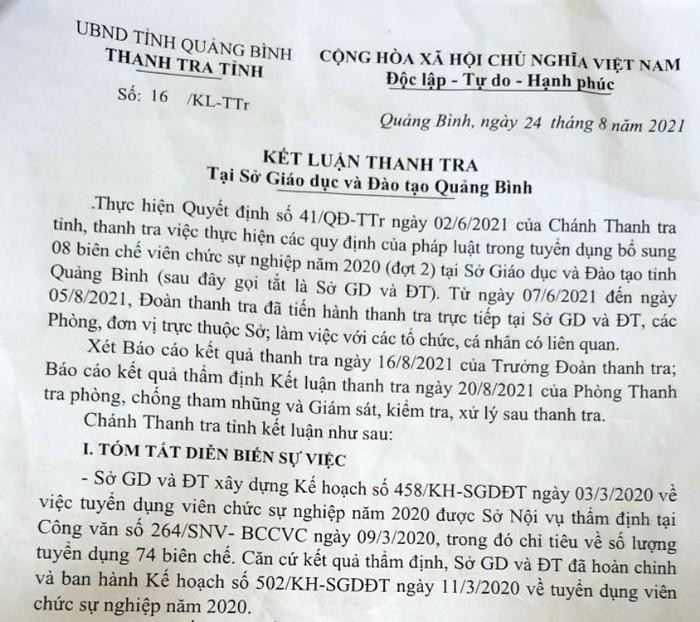 Kết luận Thanh tra số 16/KL-TTr do ông Nguyễn Văn Ước tham mưu ký ban hành có nhiều nội dung kiến nghị chưa đúng quy định. Ảnh: NP