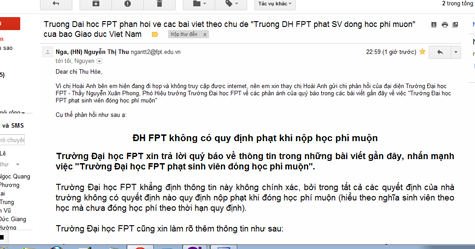 Nội dung email phản hồi của Phó Hiệu trưởng, Trường ĐH FPT đến Báo Giáo dục Việt Nam