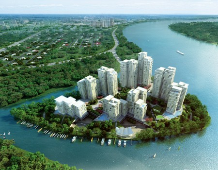 Toàn cảnh vị trí địa lý độc nhất vô nhị của dự án Diamond Island với hình giọt nước, nằm ở ngã ba sông Sài Gòn và sông Giồng Ông Tố.