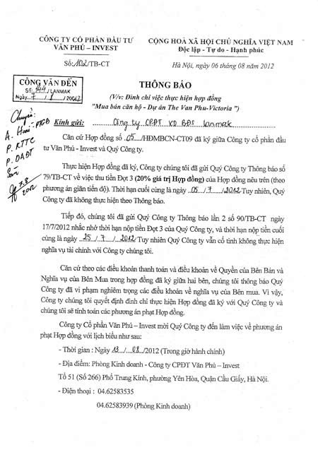 Thông báo thu tiền của Văn Phú gửi đơn vị thứ cấp