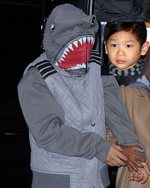 Cậu bé trùm kín đầu trong chiếc mũ cá mập này là Pax Thiên - đứa con nuôi gốc Việt 8 tuổi của cặp sao.