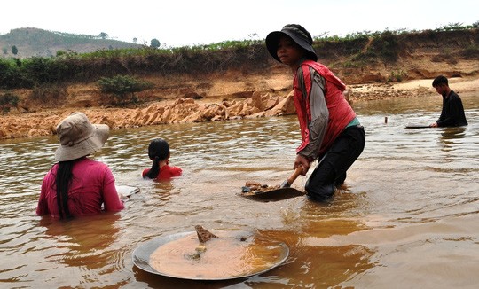 Vì mưu sinh gia đình, nhiều em nhỏ bỏ học để ra sông tìm vàng ở Kon Tum (Ảnh: nld.com.vn).