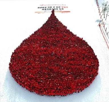 3.000 người mặc áo đỏ xếp thành giọt máu khổng lồ ở khu trượt tuyết Pyeongchang, tỉnh Gangwon, Hàn Quốc.